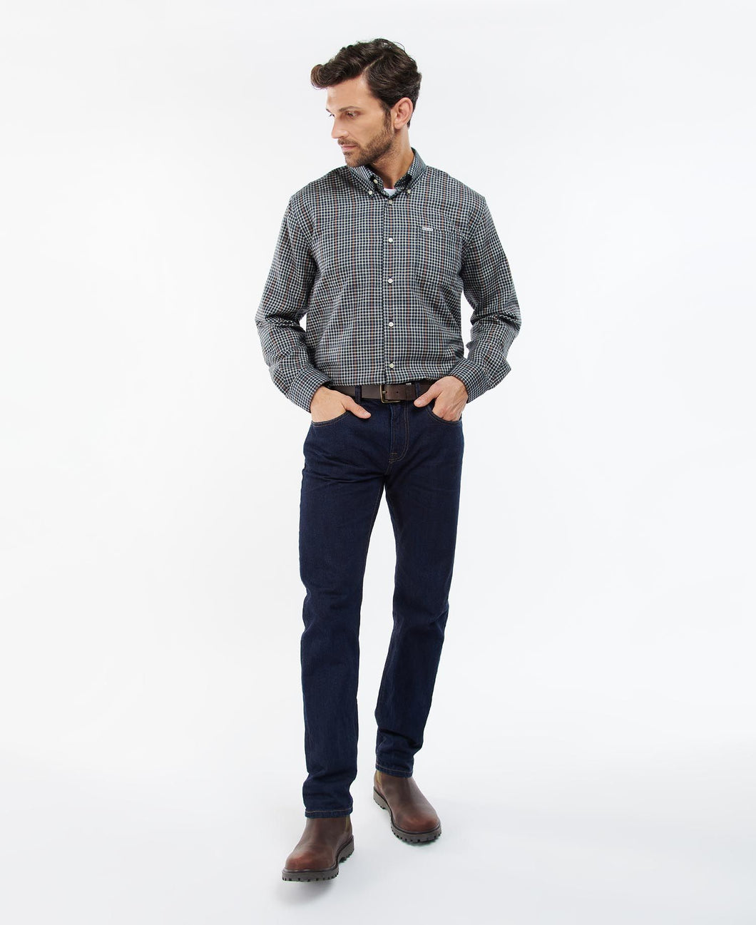 Model wearing Barbour Henderson Thermo Weave Shirt in Navy.