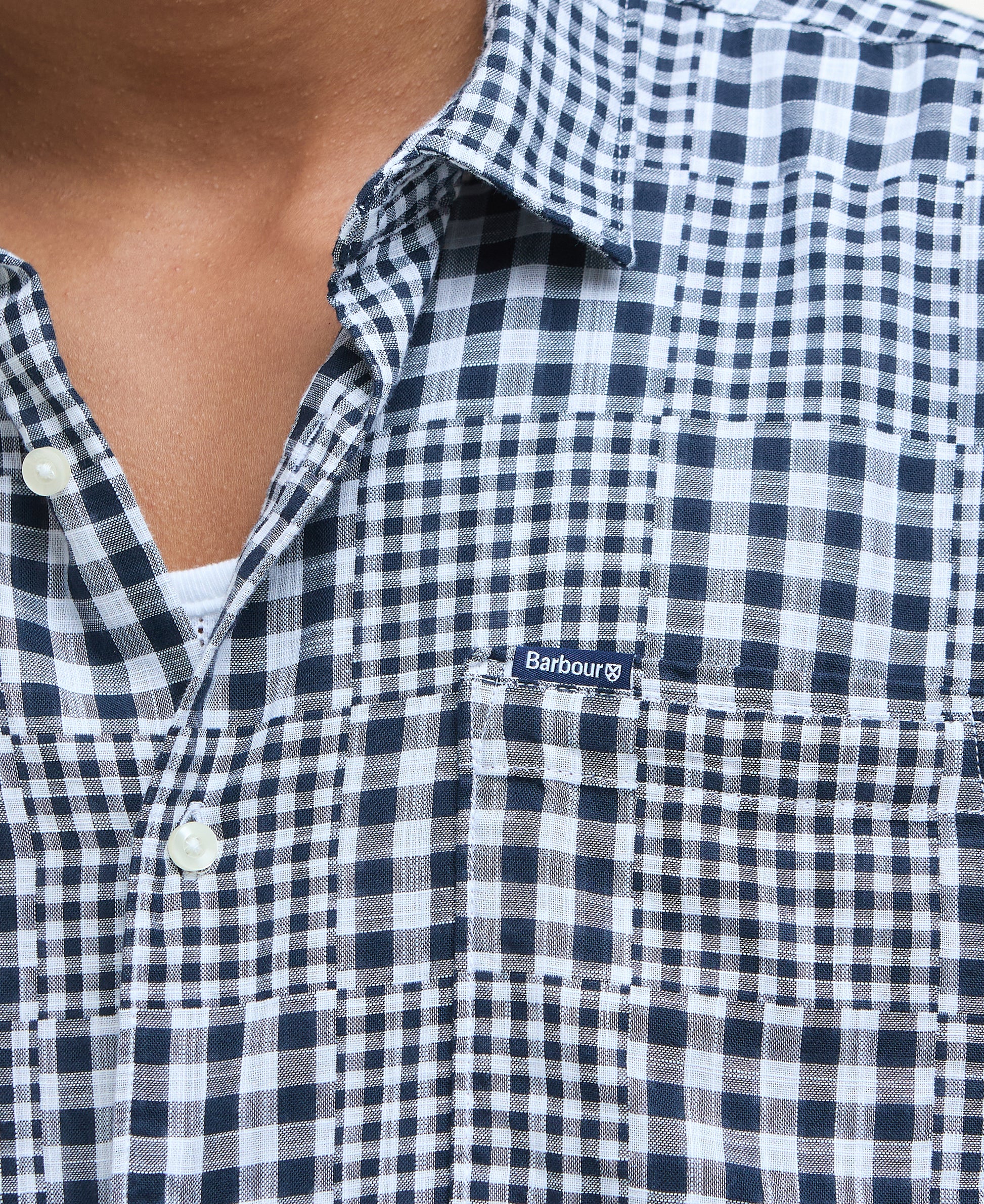 Model wearing Barbour Willowbeach Summer Fit Shirt in Navy.