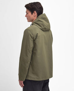 Model wearing Barbour Quay Showerproof Jacket in Olive - back.