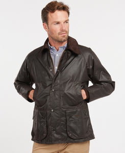 Model wearing Barbour Bedale Wax Jacket in Rustic.