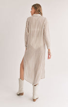 Load image into Gallery viewer, Model wearing Sadie &amp; Sage - Sands Thinstripe Outer Layer Duster Shirt in Ivory/Taupe - back.
