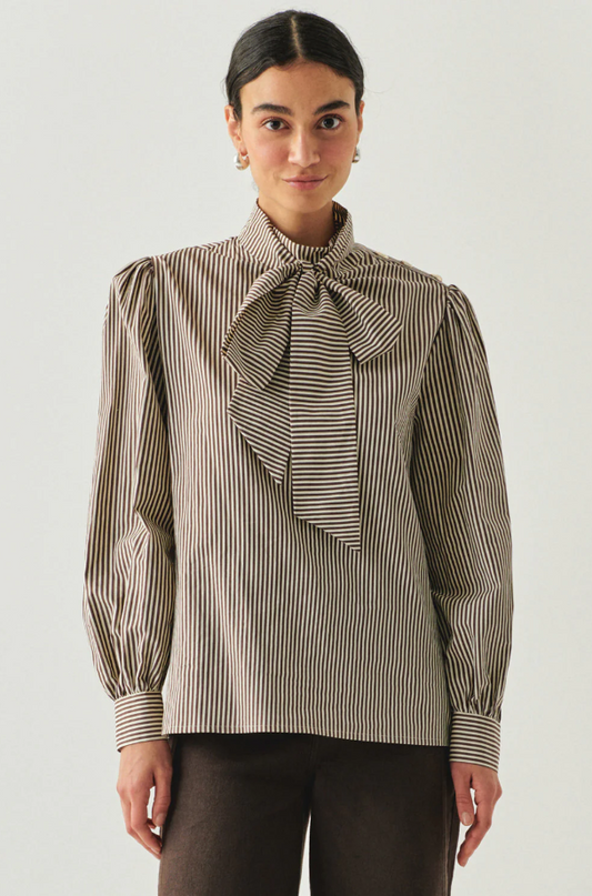 Exquise -Indigo Brown-Bone Striped Cotton Blouse with High Neck, Tie Detail, and Long Sleeves