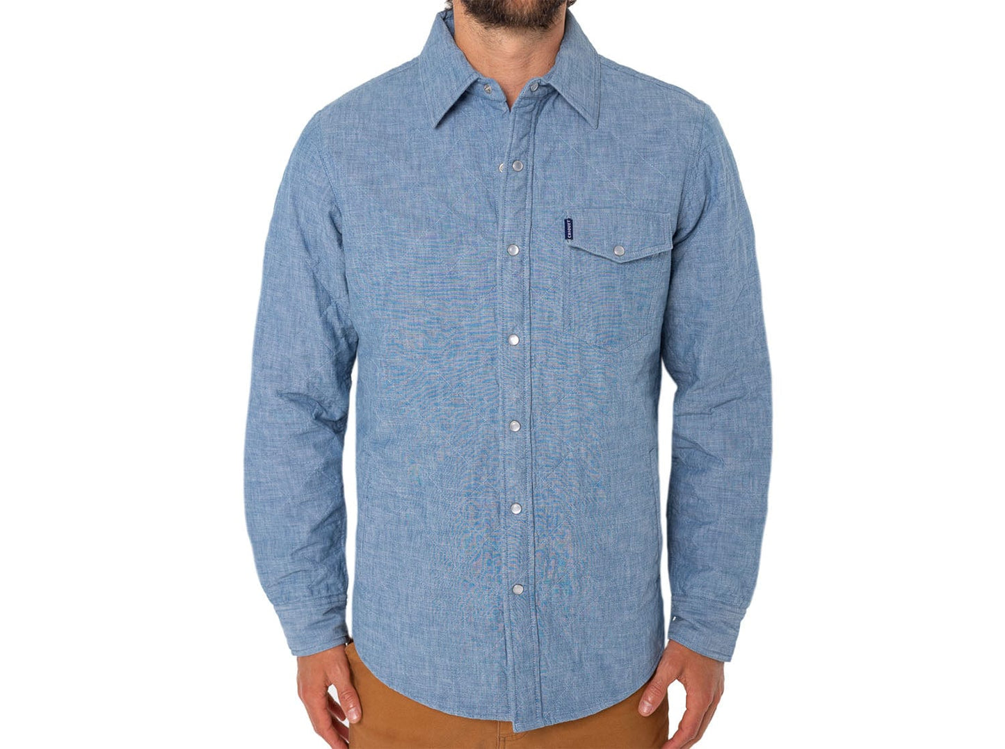 Model wearing Criquet - Quilted Shacket in Light Blue Chambray.