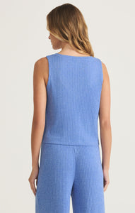 Model wearing ZSupply - Sloane V-Neck Rib Tank in Bay Blue - back.