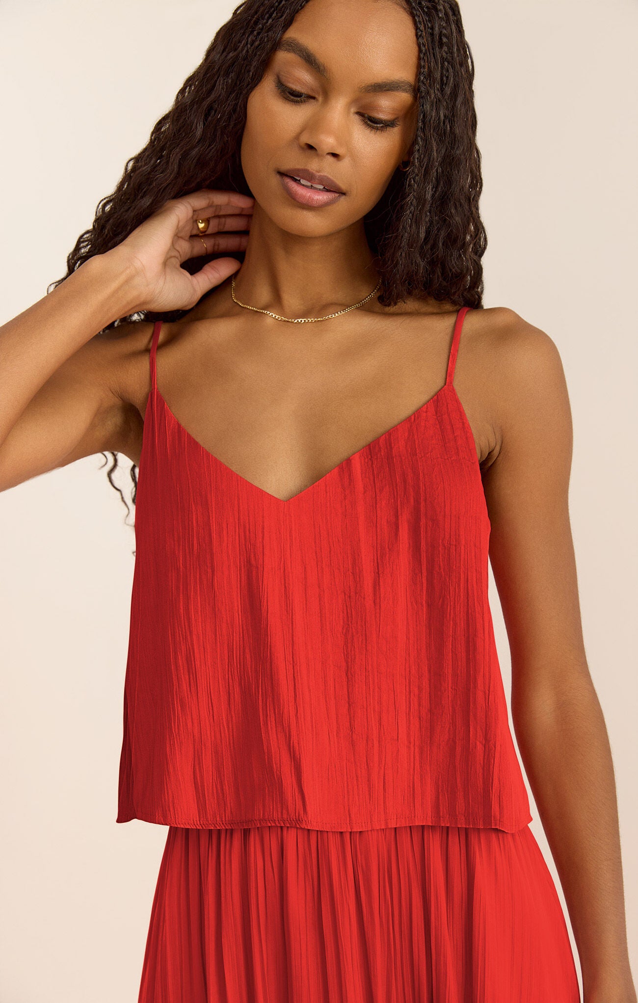 Model wearing ZSupply - Fiore Crinkle Satin Tank in Cabana Red.
