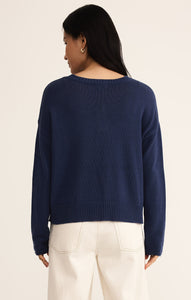 Model wearing ZSupply - Sienna USA Sweater in Yacht Blue - back.