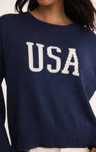 Load image into Gallery viewer, Model wearing ZSupply - Sienna USA Sweater in Yacht Blue.
