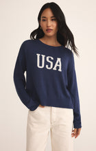 Load image into Gallery viewer, Model wearing ZSupply - Sienna USA Sweater in Yacht Blue.
