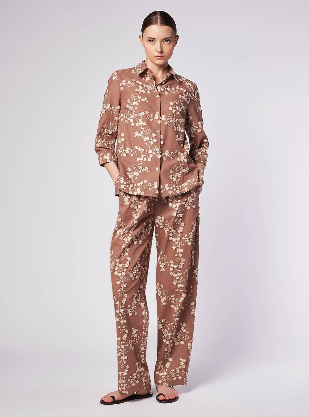 CamicettaSnob - Taupe Long Sleeve Shirt w/ Flowers