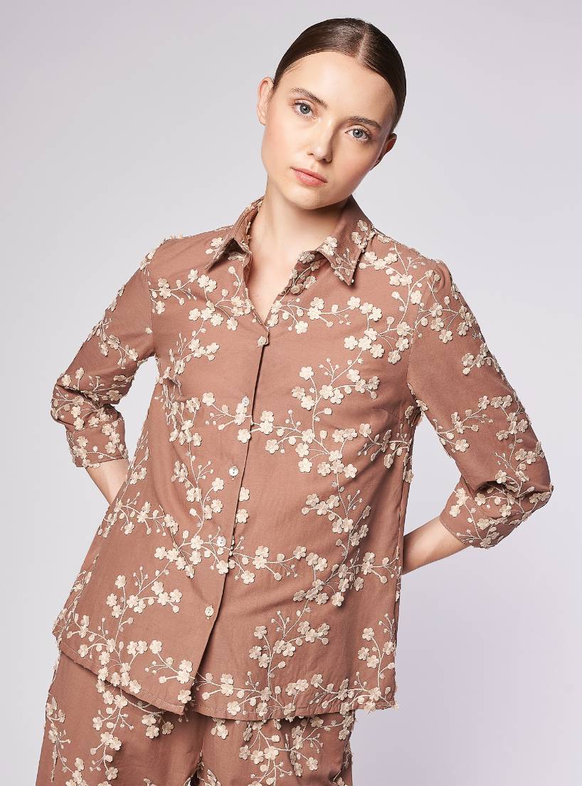 CamicettaSnob - Taupe Long Sleeve Shirt w/ Flowers