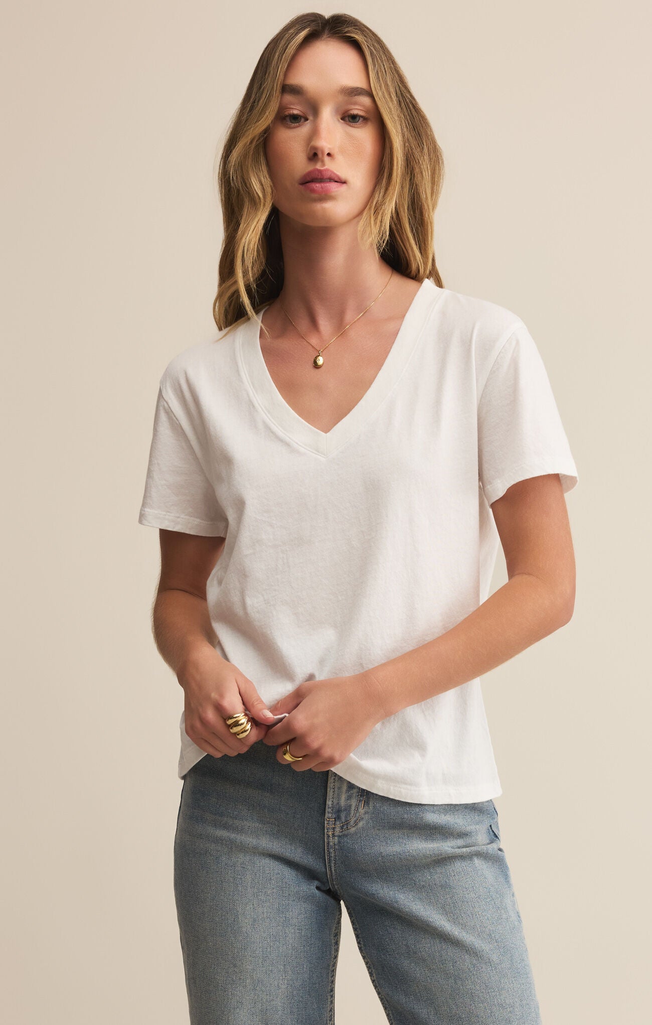 Model wearing ZSupply Weekdays V-Neck Tee in White.