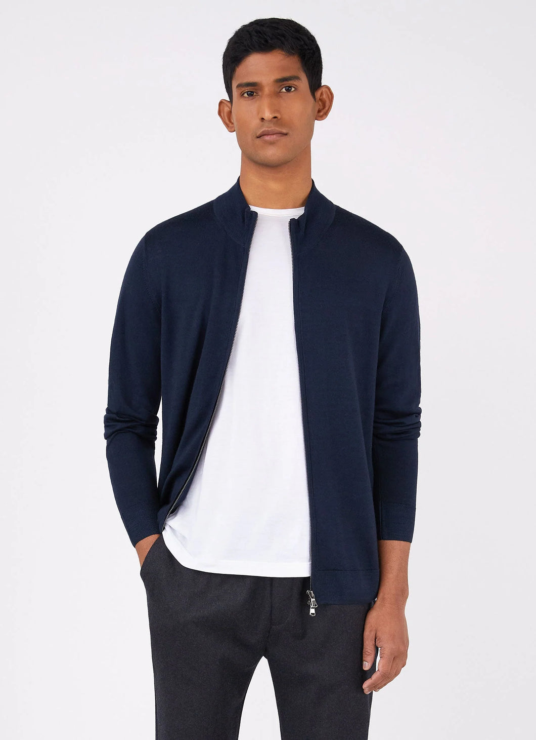 Model wearing Sunspel - Merino Wool Zip Cardigan in Light Navy.