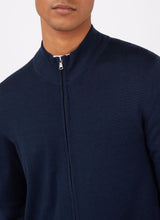 Load image into Gallery viewer, Model wearing Sunspel - Merino Wool Zip Cardigan in Light Navy.
