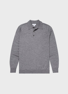 Sunspel - Fine Merino Wool LS Polo Shirt in Grey.