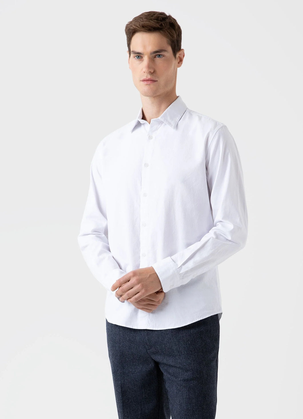 Model wearing Sunspel - Oxford Shirt in White.
