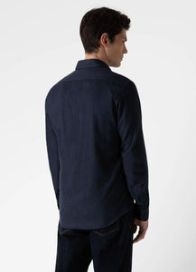 Model wearing Sunspel - Button Down Flannel Shirt in Navy Melange - back.