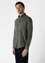 Load image into Gallery viewer, Model wearing Sunspel - Button Down Flannel Shirt in Green Melange.
