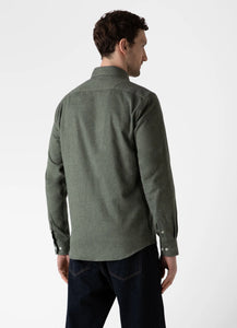 Model wearing Sunspel - Button Down Flannel Shirt in Green Melange - back.