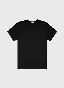Model wearing Sunspel - Classic Crew Neck T-shirt in black.