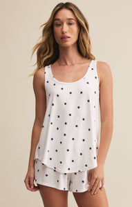 Model wearing ZSupply - This Love Mini Stars Tank in White/Navy.