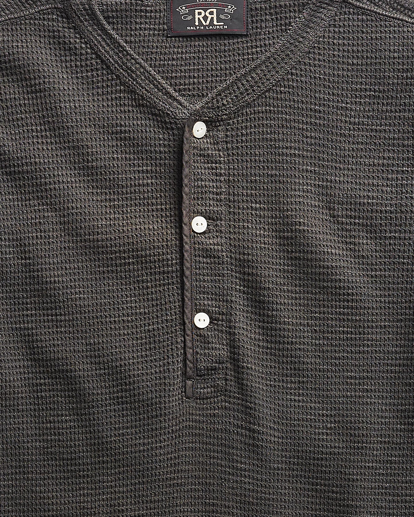 RRL - Waffle Knit S/SHenley Shirt in Faded Black Canvas.
