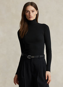 Model wearing Polo Ralph Lauren - Stretch Ribbed Turtleneck in Black.