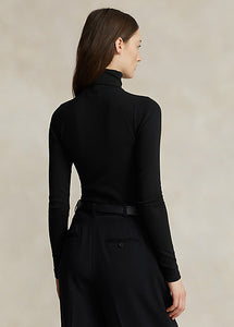 Model wearing Polo Ralph Lauren - Stretch Ribbed Turtleneck in Black - back.
