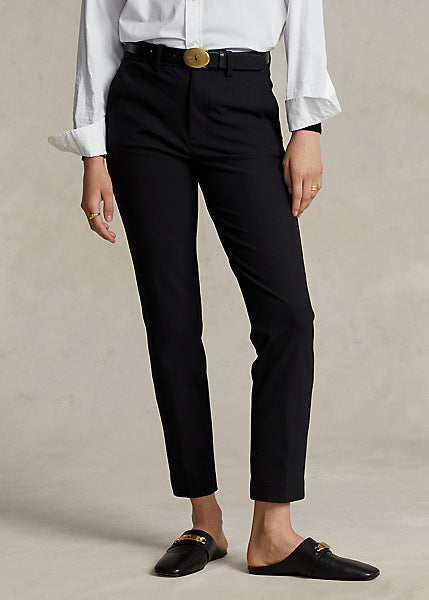 Model wearing Polo Ralph Lauren - Stretch Skinny Cotton-Blend Pant in Black.