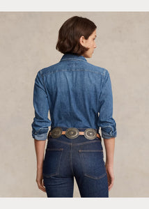 Model wearing Polo Ralph Lauren - Straight Fit Denim Shirt in Merced Wash - back.