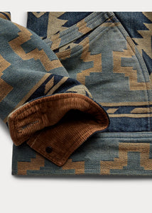 RRL - Valero Cotton Indigo Denim Jacquard Trucker Jacket in Indigo/Yellow/Tan Multi.