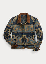Load image into Gallery viewer, RRL - Valero Cotton Indigo Denim Jacquard Trucker Jacket in Indigo/Yellow/Tan Multi.
