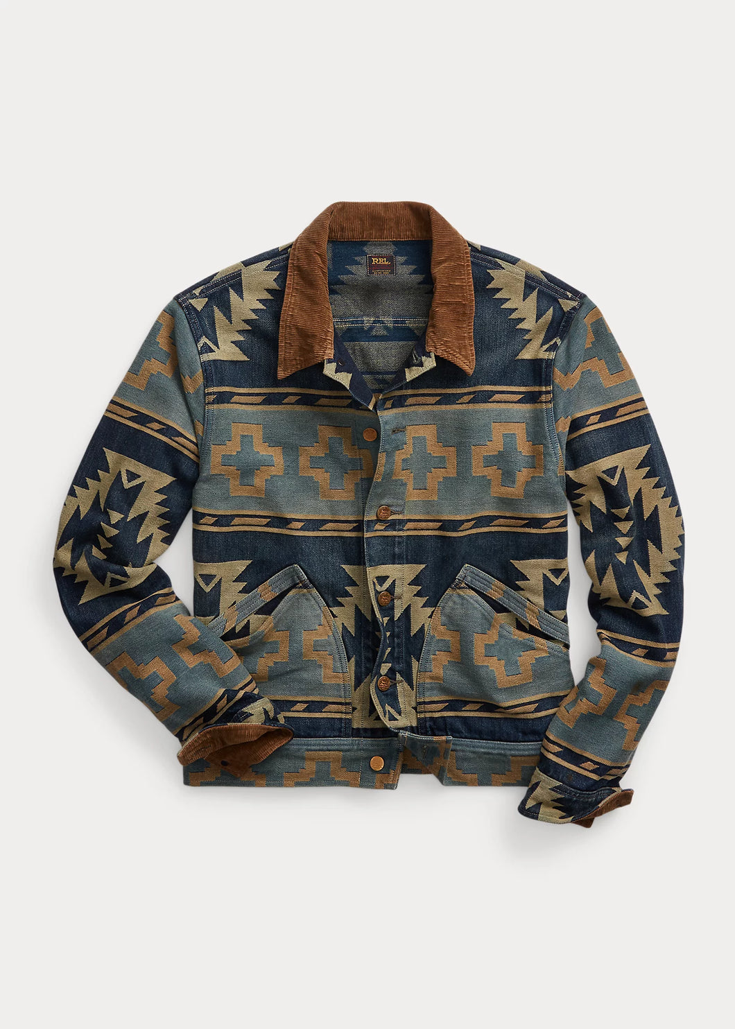 RRL - Valero Cotton Indigo Denim Jacquard Trucker Jacket in Indigo/Yellow/Tan Multi.