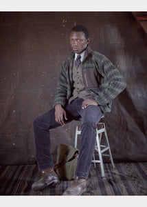 Model wearing RRL - Plaid Fleece Jacket in Green Plaid.