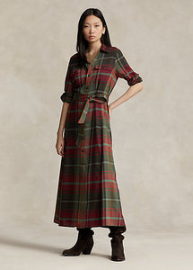 Model wearing Polo Ralph Lauren - Belted Plaid Cotton-Blend Dress in Red Multi Plaid.