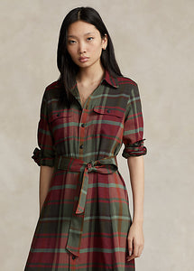 Model wearing Polo Ralph Lauren - Belted Plaid Cotton-Blend Dress in Red Multi Plaid.