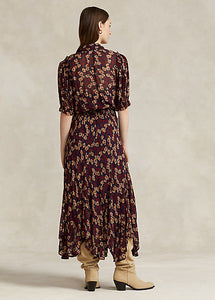 Model working Polo Ralph Lauren - Floral Tie-Neck Georgette Dress in Fall Poppy Floral - back.