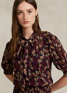 Model working Polo Ralph Lauren - Floral Tie-Neck Georgette Dress in Fall Poppy Floral.