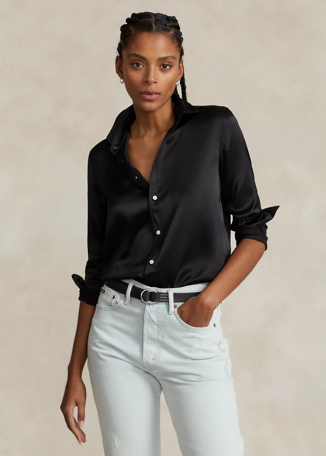 Model wearing Polo Ralph Lauren - Classic Fit Silk Shirt in Black.