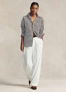 Model wearing Polo Ralph Lauren - Relaxed Fit Striped Cotton Shirt in Brown/White Stripe.