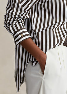 Model wearing Polo Ralph Lauren - Relaxed Fit Striped Cotton Shirt in Brown/White Stripe.