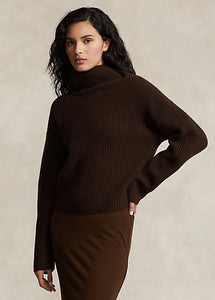 Model wearing Polo Ralph Lauren - Ribbed Wool-Cashmere Mockneck Sweater in Cedar Heather.