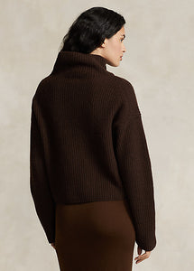 Model wearing Polo Ralph Lauren - Ribbed Wool-Cashmere Mockneck Sweater in Cedar Heather - back.
