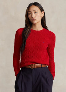 Model wearing Polo Ralph Lauren - Cable-Knit Wool Cashmere Julianna Sweater in New Red.