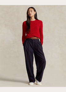 Model wearing Polo Ralph Lauren - Cable-Knit Wool Cashmere Julianna Sweater in New Red.