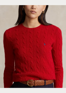 Model wearing Polo Ralph Lauren - Cable-Knit Wool Cashmere Julianna Sweater in New Red.