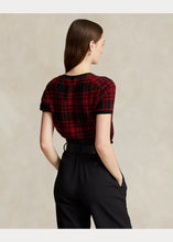 Load image into Gallery viewer, Model wearing Polo Ralph Lauren - Plaid Wool Short Sleeve Sweater in Red/Black Plaid - back.
