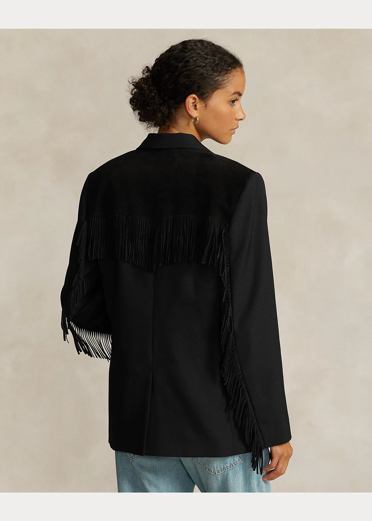 Model wearing Polo Ralph Lauren - Fringe-Trim Wool Twill Blazer in Black - back.
