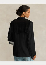 Load image into Gallery viewer, Model wearing Polo Ralph Lauren - Fringe-Trim Wool Twill Blazer in Black - back.
