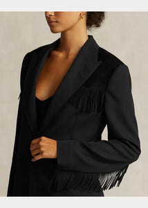 Model wearing Polo Ralph Lauren - Fringe-Trim Wool Twill Blazer in Black.