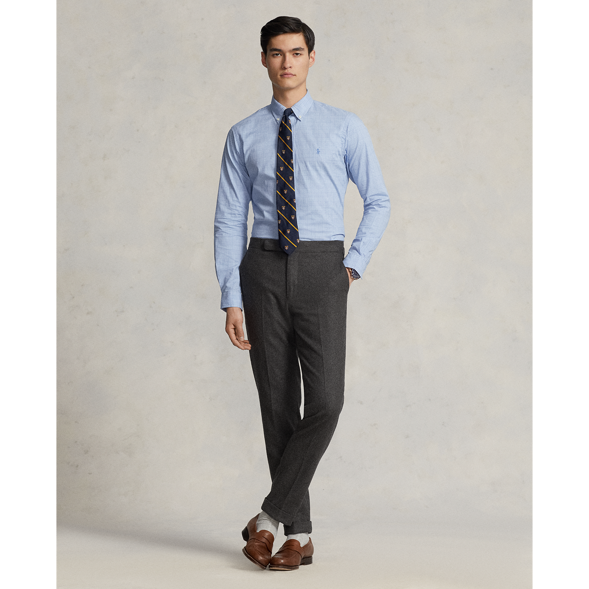 Model wearing POLO Ralph Lauren - L/S Sanded Twill Sportshirt with Estate Spread Collar in Blue/White.